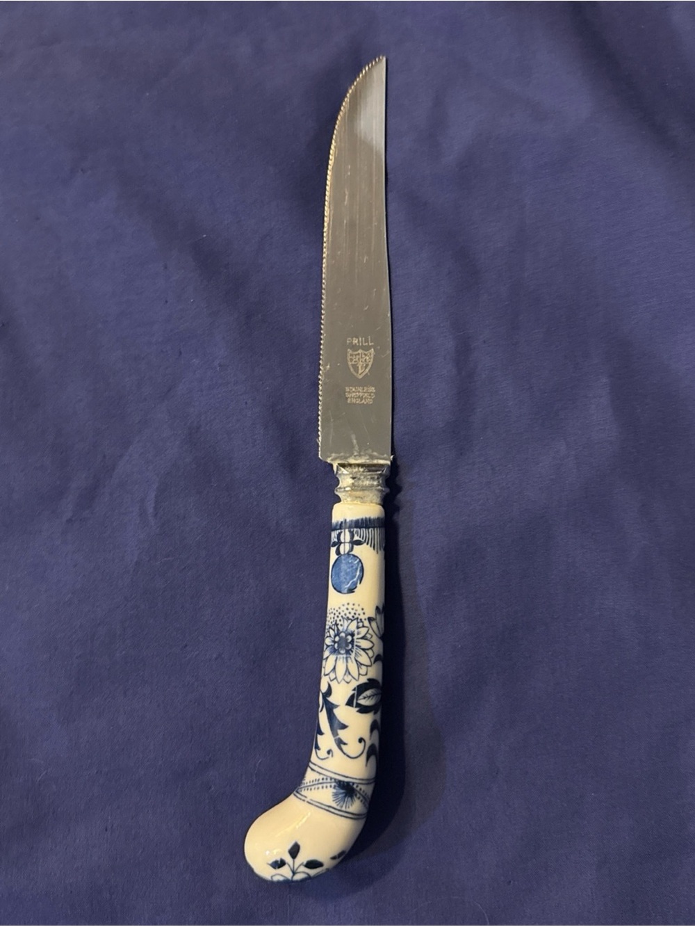 Prill Blue Onion Porcelain Handle Dining Knife Sheffield England 9”